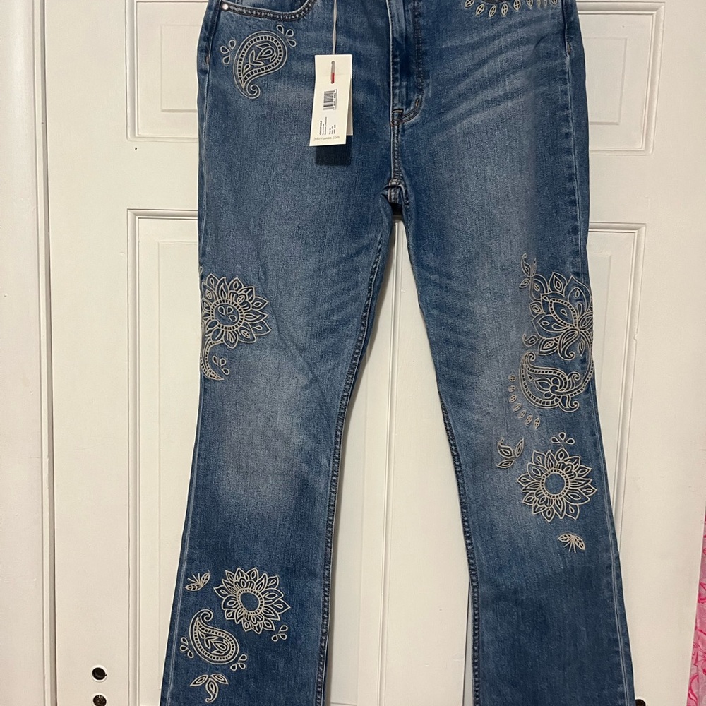 Johnny Was Blue Boot Cut Jeans with Bandana Embroidery